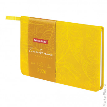 Еженедельник датированный 2026 МАЛЫЙ ФОРМАТ 95х155 мм, А6, BRAUBERG "Foliage", под кожу, желтый, 117200