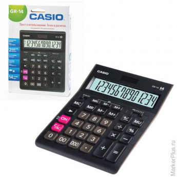 Калькулятор CASIO настольный GR-14-W, 14 разрядов, двойное питание, 209х155 мм, европодвес, черный,