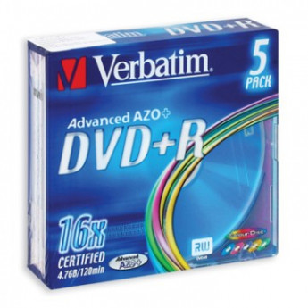 Носители информации Verbatim DVD+R 4,7Gb 16х Slim/5 43556 Color