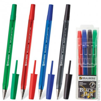 Ручки шариковые BRAUBERG, набор 4 шт., 'Black Jack', 0,7 мм (синяя, черная, красная, зеленая), 141290, комплект 4 шт