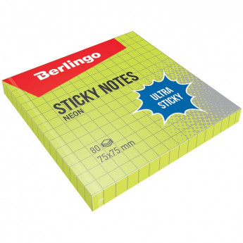 Самоклеящийся блок Berlingo 'Ultra Sticky', 75*75мм, 80л, в клетку, зеленый неон, 12 шт/в уп