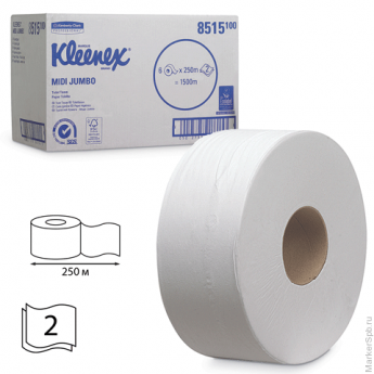 Бумага туалетная 250 м, KIMBERLY-CLARK Kleenex, комплект 6 шт., Миди Jumbo, 2-х слойная, белая, дисп