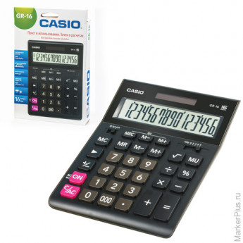 Калькулятор CASIO настольный GR-16-W, 16 разрядов, двойное питание, 209х155 мм, европодвес, черный,