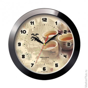 Часы настенные TROYKA 11100188, круг, бежевые с рисунком в азиатском стиле, черная рамка, 29х29х3,5 