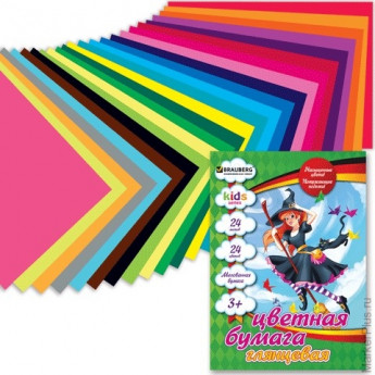 Цветная бумага, А4, мелованная, 24 листа, 24 цвета, BRAUBERG "Kids series", "Чародейка", 200х280 мм, 124783