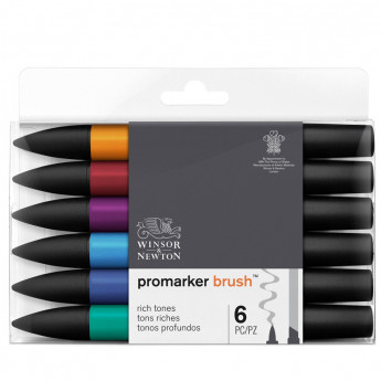 Набор маркеров-кистей худ двухсторонние Winsor&Newton 'PromarkerBrush', спиртовые, скошенный/кисть 6 цветов, насыщенные оттенки