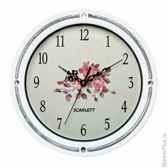 Часы настенные SCARLETT SC-25N, круг, бежевые с рисунком "Роза", серебристая рамка, 28,1x28,1x4,4 см
