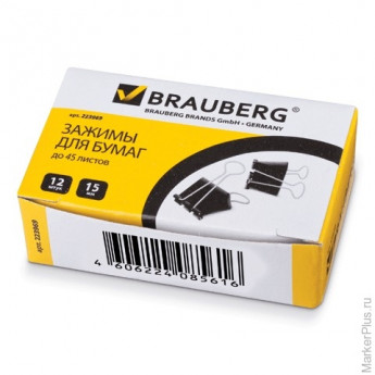Зажимы для бумаг BRAUBERG, комплект 12 шт., 15 мм, на 45 л., черные, в картонной коробке, 223969, комплект 12 шт
