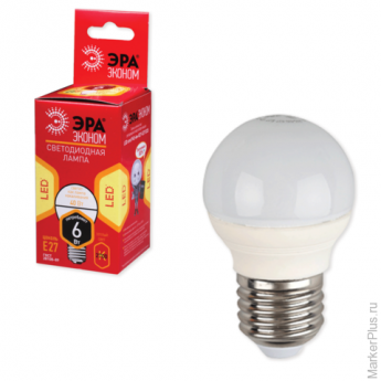 Лампа светодиодная ЭРА, 6 (40) Вт, цоколь E27, шар, теплый белый свет, 25000 ч., LED smdР45-6w-827-E