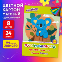 Картон цветной А4 немелованный, 24 листов, 8 цветов, в папке, ЮНЛАНДИЯ, 200х290 мм, 'Коала', 115640