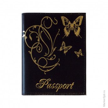 Обложка для паспорта OfficeSpace кожа тип 2, черный, тиснение золото "бабочки"