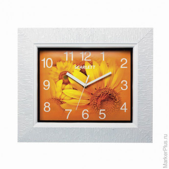 Часы настенные SCARLETT SC-25O, квадрат, оранжевые с рисунком "Подсолнухи", белая рамка, 33,2x28,2x5