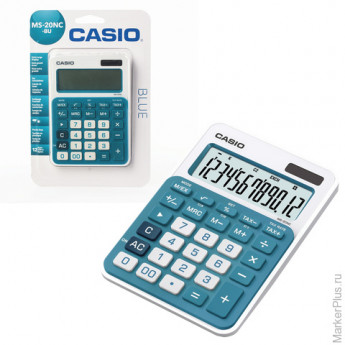 Калькулятор CASIO настольный MS-20NC-BU-S, 12 разрядов, двойное питание, 150х105 мм, блистер, белый/