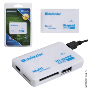 Картридер+USB хаб DEFENDER COMBO TINY, USB 2.0, порты SD/MMC, TF, M2, MC, 83502