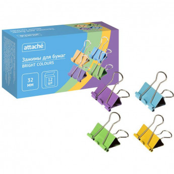 Зажимы для бумаг Attache Bright Colours 32мм,цветн, 12шт/уп в карт.коробке, комплект 12 шт