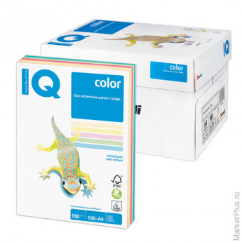 Бумага цветная IQ color, А4, 160 г/м2, 100 л. (5 цветов x 20 листов), микс пастель, RB01