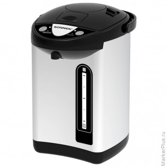 Термопот SONNEN TP-38, 4 л, 900 Вт, 1 температурный режим, 3 режима подачи воды, сталь, черный/серебро, 456710