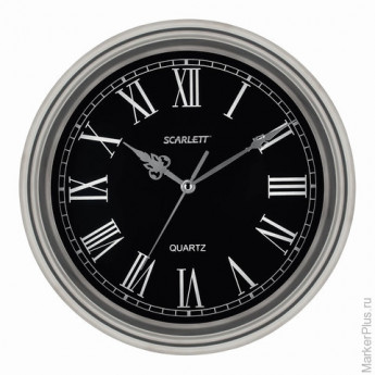 Часы настенные SCARLETT SC-27D, круг, черные, серебристая рамка, 33x33x5,2 см, SC - 27D