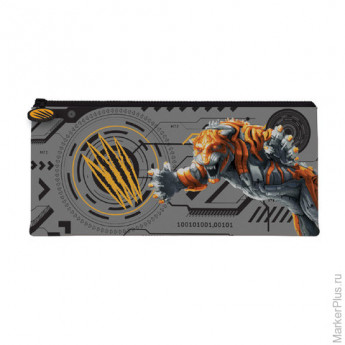 Пенал-косметичка BRAUBERG для учеников начальной школы, серый/оранжевый, "Тигр", 20х10 см, 226304