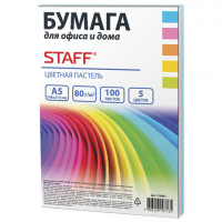 Бумага цветная STAFF 'Profit' МАЛОГО ФОРМАТА (148х210 мм), А5, 80 г/м2, 100 л. (5цв. х 20 л.), цветная пастель, для офиса и дома, 110891