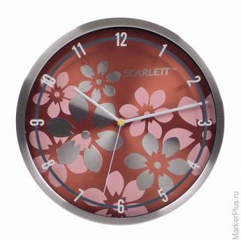 Часы настенные SCARLETT SC-33B, круг, коричневые с цветочным рисунком, серебристая рамка, 30x30x5,2 