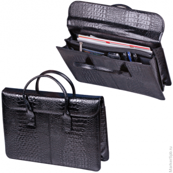 Портфель-сумка женский из натуральной кожи, на молнии, 380х280х80 мм, тиснение "крокодил", черный, 8