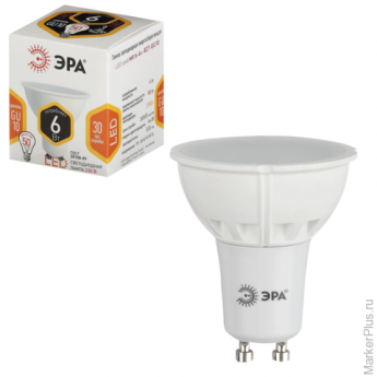 Лампа светодиодная ЭРА, 6 (50) Вт, цоколь GU10, MR16, теплый белый свет, 30000 ч., LED smdMR16-6w-82