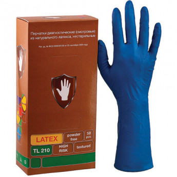 Перчатки латексные смотровые КОМПЛЕКТ 25пар(50шт), повышенной прочности, удлиненные, размер L(большой), синие, SAFE&CARE High Risk TL210, ТL 210, комплект 50 шт