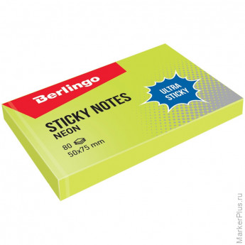 Самоклеящийся блок Berlingo "Ultra Sticky", 50*75мм, 80л, зеленый неон, 12 шт/в уп
