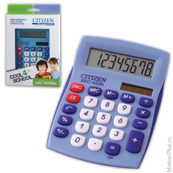 Калькулятор CITIZEN настольный SDC-450NBLCFS, 8 разрядов, двойное питание, 120x87 мм, синий