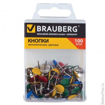 Кнопки канцелярские BRAUBERG, металлические, цветные, 10 мм, 100 шт., в пластиковой коробке, 221114