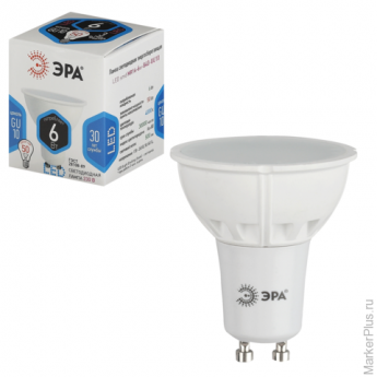 Лампа светодиодная ЭРА, 6 (50) Вт, цоколь GU10, MR16, холодный белый свет, 30000 ч., LED smdMR16-6w-