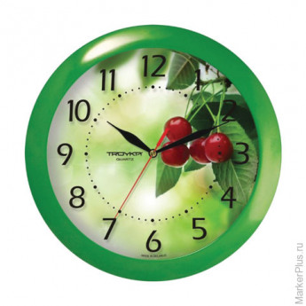 Часы настенные TROYKA 11120162, круг, белые с рисунком "Вишня", зеленая рамка, 29х29х3,5 см