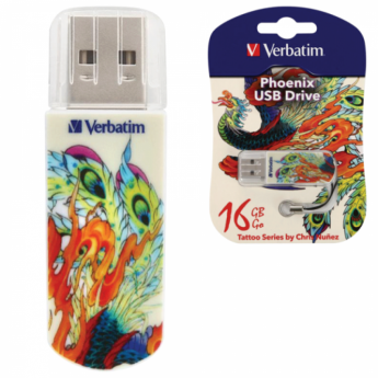 Флэш-диск 16 GB, VERBATIM Mini Tattoo Edition Phoenix, USB 2.0, белый с рисунком, 49887