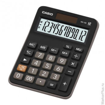 Калькулятор CASIO настольный MX-12B-W, 12 разрядов, двойное питание, 145х103 мм, европодвес, черный,