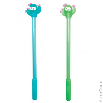 Ручка с топпером шариковая ЮНЛАНДИЯ "Цветущий кактус", корпус ассорти, СИНЯЯ, пишущий узел 0,7 мм, 143781