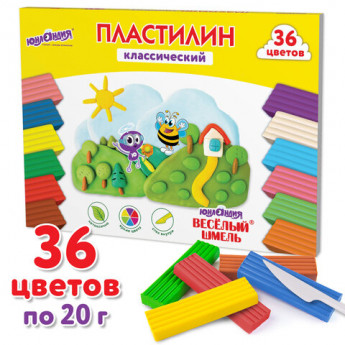 Пластилин классический ЮНЛАНДИЯ 'ВЕСЁЛЫЙ ШМЕЛЬ', 36 цветов, 720 грамм, СО СТЕКОМ, ВЫСШЕЕ КАЧЕСТВО, 106434