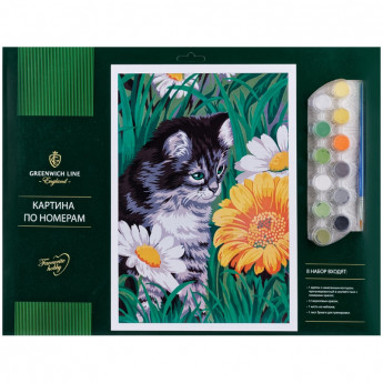 Картина по номерам Greenwich Line "Котик в цветах" A3, с акриловыми красками, картон, европодвес