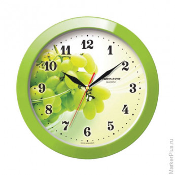 Часы настенные TROYKA 11121161, круг, белые с рисунком "Виноград", зеленая рамка, 29х29х3,5 см