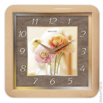 Часы настенные САЛЮТ П-А2.2-390, квадрат, коричневые с рисунком "Цветы", бежевая рамка, 29,5х30х4 см