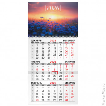 Календарь квартальный на 2026 г., 1 блок, 1 гребень, бегунок, мелованная бумага, BRAUBERG, "Васильковый луг", 116751
