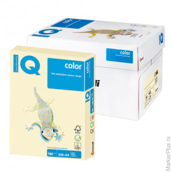 Бумага цветная IQ color, А4, 160 г/м2, 250 л., пастель, ванильная, BE66