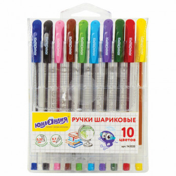 Ручки шариковые масляные ЮНЛАНДИЯ 'КЛАССНАЯ', НАБОР 10 цветов, узел 0,7 мм, линия письма 0,35 мм, 143535
