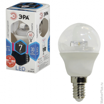 Лампа светодиодная ЭРА, 7 (60) Вт, цоколь E14, прозрачный шар, холодный белый свет, 30000 ч., LED sm