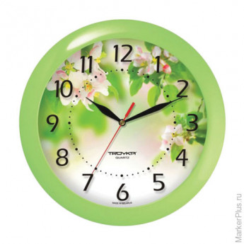 Часы настенные TROYKA 11121186, круг, белые с рисунком "Весна", зеленая рамка, 29х29х3,5 см