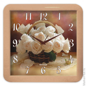 Часы настенные САЛЮТ П-А2.2-404, квадрат,бежевые с рисунком "Корзина роз", бежевая рамка, 29,5х30х4 