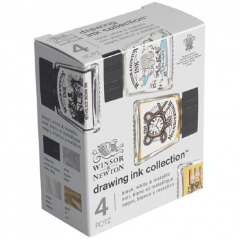 Набор туши художественной Winsor&Newton для рисования, 4цв. (черный, белый, золотой, серебрянный), 14мл, стекл. флакон, в картонной коробке