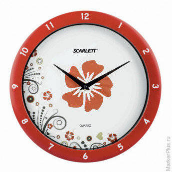 Часы настенные SCARLETT SC-WC1003I, круг, белые с цветочным рисунком, красная рамка, 27,5x27,5x5,2 с