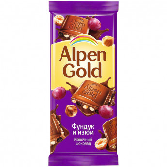 Шоколад Alpen Gold, молочный с фундуком и изюм, 90г