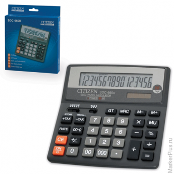 Калькулятор CITIZEN настольный SDC-660II, 16 разрядов, двойное питание, 156x156 мм